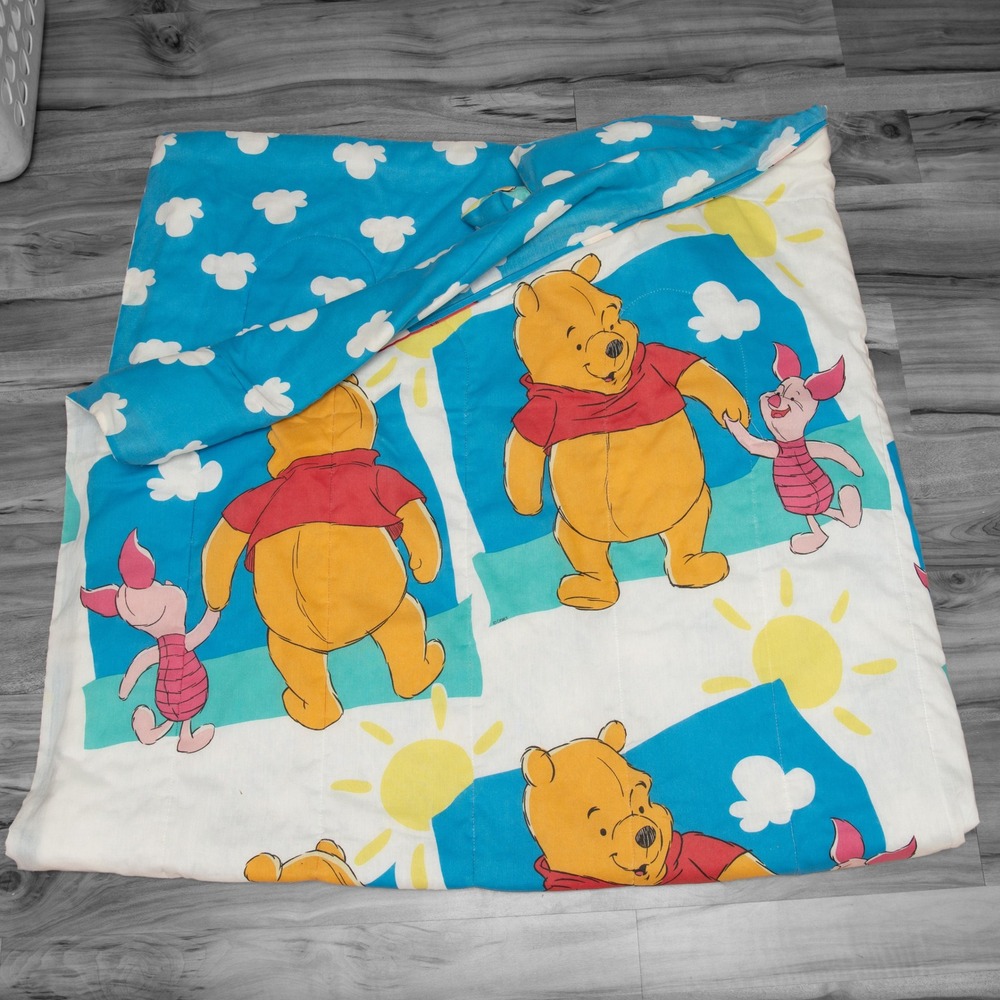 VTG Winnie the Pooh Twin Comforter 90s Disney Bedding Reversible Colorblock